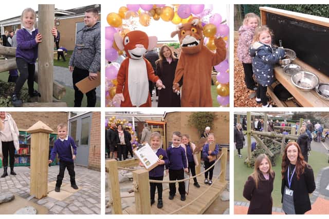 Sarah-Jane Honeywell, Mouse and The Gruffalo open the new area at Eastfield Infants and Nursery Academy, which welcomed children and parents to give it a try for the first time on Wednesday.