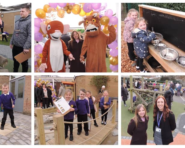 ​Sarah-Jane Honeywell, Mouse and The Gruffalo open the new area at Eastfield Infants and Nursery Academy, which welcomed children and parents to give it a try for the first time on Wednesday.