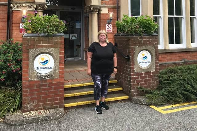 Fiona outside the St Barnabas Hospice, Lincoln