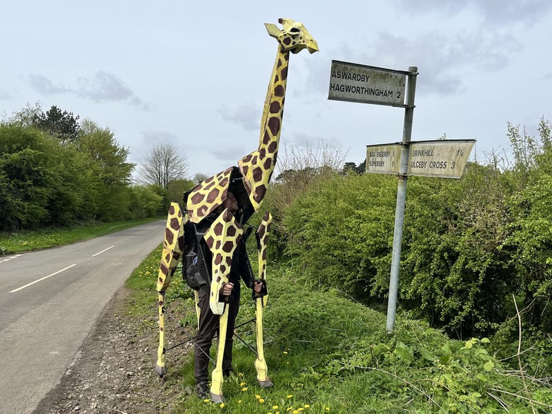 Sebastian Mayer with life-size giraffe puppet Zarafa in Harrington.