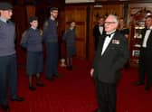 Cadets from the RAF section at King Edward VI Grammar School, Louth, providing a guard of honour for Flt Lt (Retd) Colin Bell DFC, a former Mosquito Pathfinder pilot.