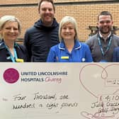Lincolnshire Community and Hospitals NHS Group chief executive, Professor Karen Dunderdale (far left) accepting the donation from Jim Smith (second right,. Liz Timms (centre), and Ben Petts (far left). Photo: United Lincolnshire Hospitals Charity