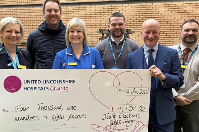 Lincolnshire Community and Hospitals NHS Group chief executive, Professor Karen Dunderdale (far left) accepting the donation from Jim Smith (second right,. Liz Timms (centre), and Ben Petts (far left). Photo: United Lincolnshire Hospitals Charity