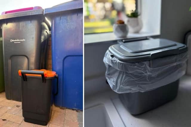 Households will receive two food waste caddies, one 5-litre indoor caddy (approx. 20x20x25cm) and one 23-litre outdoor caddy (approx. 30x40x38cm).
