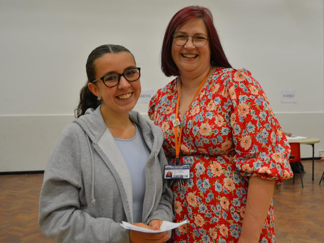 The biggest smile of the day came from Katie Flynn, pictured with Louise Steventon (learning support), who was overjoyed with her results.