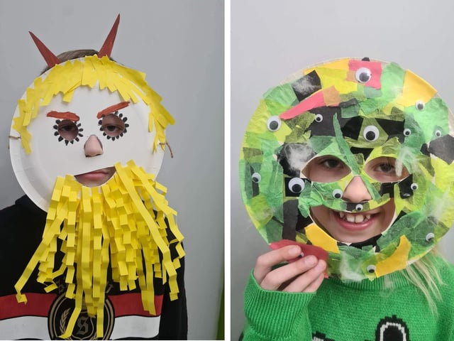 Two of the masks made by Lithuanian children in Boston for the upcoming festival.