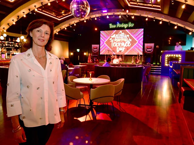 Director Sarah Harris in the Terrace Bar at Three Monkeys.