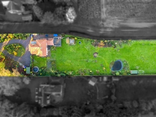A bird's-eye view of the home and its grounds.