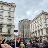 The funeral procession goes past the South Carriage Drive area of Hyde Park on the way to Westminster Abbey.