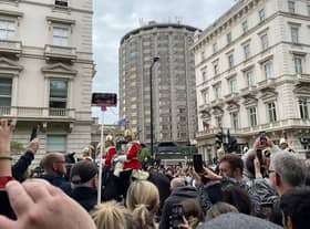 The funeral procession goes past the South Carriage Drive area of Hyde Park on the way to Westminster Abbey.