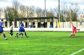 Dylan Wharton denies Atherton's Jordan Scanlon. Photo by David Featherstone (ACFC).