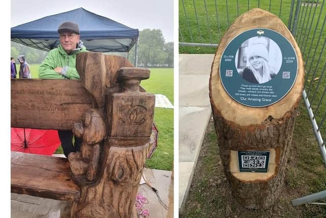 Sculptor Nigel Sardeson with the memorial bench, and right, an image of Grace Brockelsby on a plinth - with the charity QR code.