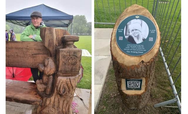 Sculptor Nigel Sardeson with the memorial bench, and right, an image of Grace Brockelsby on a plinth - with the charity QR code.