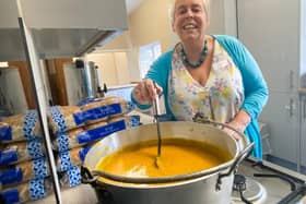 Kim Parrinder prepares some soup at Trusthorpe village hall's warm space.