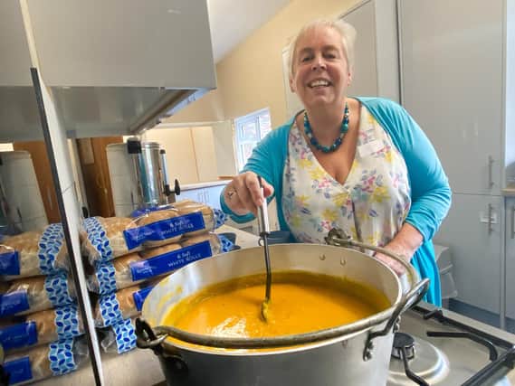 Kim Parrinder prepares some soup at Trusthorpe village hall's warm space.
