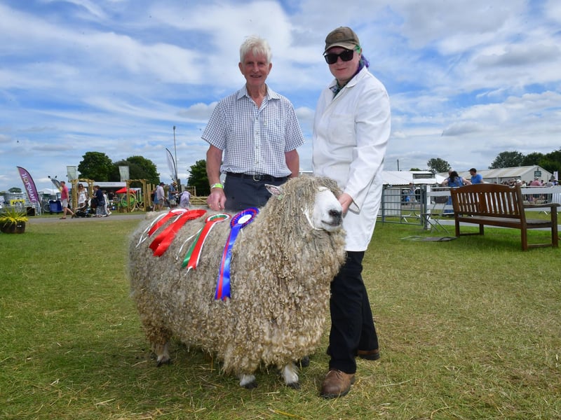 Colin Ellerby and Stephanie Ellerby with their Male Champion Reserve Overall, Lincoln Longwool, Pelican Larch, of Aunsby, Sleaford. Photo: David Dawson