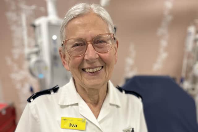 Iva Hills, who has helped hospital patients in Boston for 55 years.