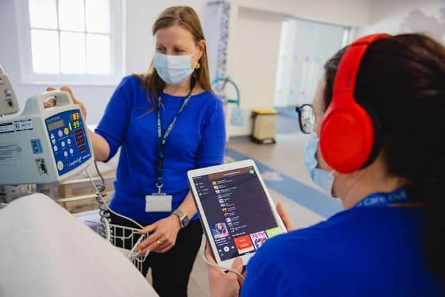 Nurse Sheleen Armstrong with Dr Jacqueline Trawmley trialling MediMusic at Chorley Hospital