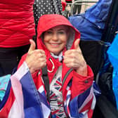 Not even the pouring rain dampened Sharron Tonge's patriotic spirit!