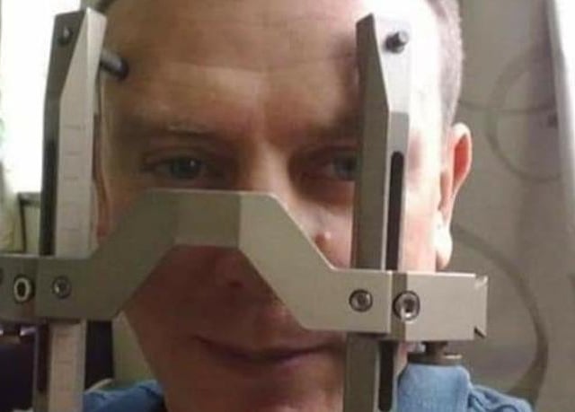 Wayne Chessum undergoing Gamma Knife Radiotherapy.