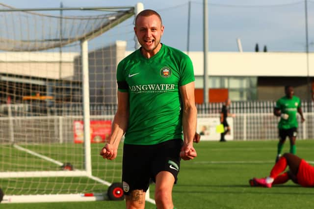 Ryan Rushen celebrates one of his goals on Saturday. Photo: Steve W Davies Photography.