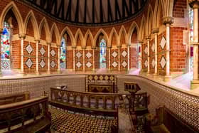 The colourful interior of Waithe, St Martin has elaborately patterned Minton tiles . Image: Push Creativity