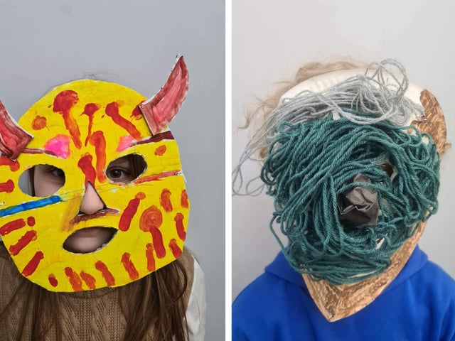 Two of the masks made by Lithuanian children in Boston for the upcoming festival.
