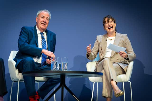 Jeremy Clarkson speaking with MP Victoria Atkins at the Conservative party conference. Photo: Lewis Ilsley