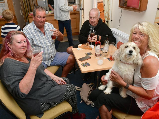 L-R Dawn Rutland, Kevin Ahern, Howard Rutland and Marion Ahern with dog, Luci