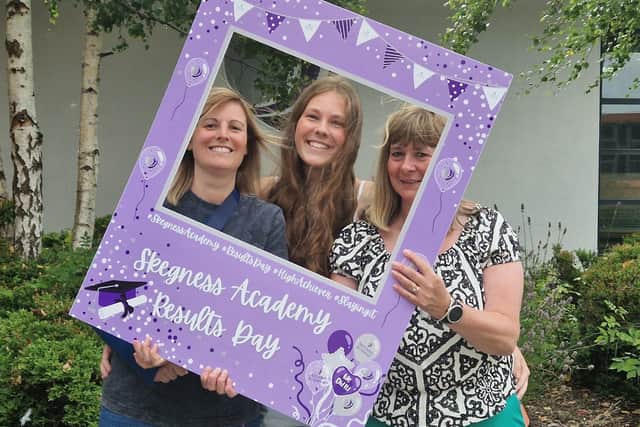 Meda Bublyte celebrating with Deputy Head of Sixth Form Jackie Hunt (right) and Head of Sixth Form Kerry Langdale.