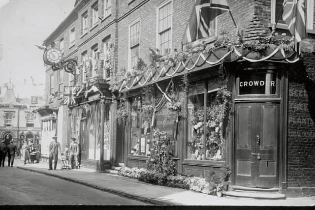 Crowders was founded back in 1798. Here is a photo of the firm's former office and shop in Horncastle High Street, decorated to celebrate the Silver Jubilee of King George V in 1935.