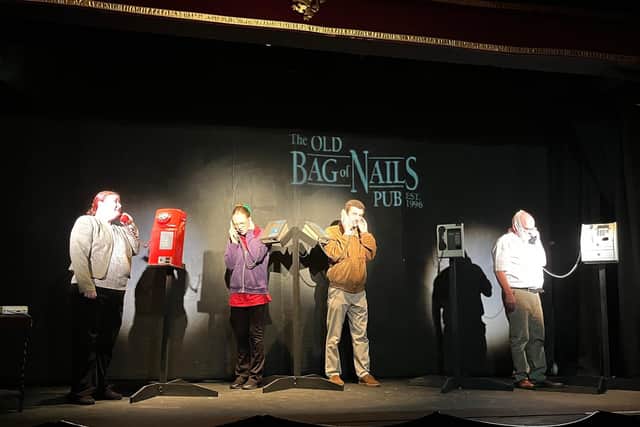The cast of Immobiles, from left: Nikki's mother (Nicola Higgins), Nikki (Christina Holmes) Chris (Alex Alder) and Dietrich (Gwyn Williams).