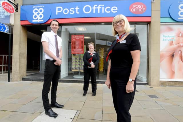 Gainsborough Post Office manager Ben Edge and Post Office counter clerks Rebecca Evans and Jacqueline Livingston