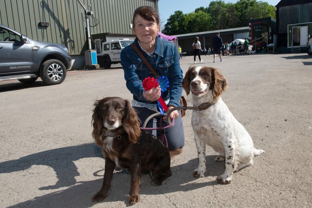 Jeanette Franklin with her dogs L-R Pickle (2nd place in dog show) and Teal (1st place in dog show)