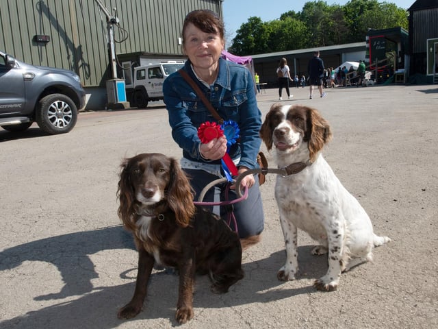 Jeanette Franklin with her dogs L-R Pickle (2nd place in dog show) and Teal (1st place in dog show)