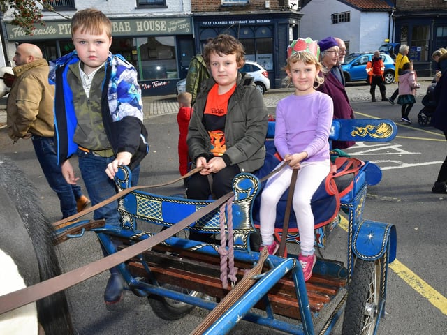 Holding the reins of this carriage are (from left) seven-year-olds Lucas Theobald and Finn Leece, with five-year-old Morgan Leece, all from Baumber.