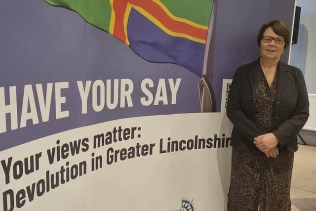 Lincolnshire County Council's Coun Wendy Bowkett at the Devolution consultation in Skegness.