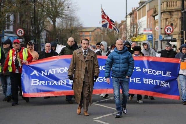 Campaigners marching through Skegness led by Alek Yerbury (left) and Scott Pittsy of Patriotic Alliance. Photo: John Byford