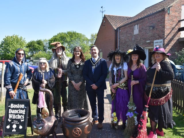 Outgoing Mayor and Mayoress of Skegness Coun and Mrs Jimmy Brookes with the Boston Dancing Witches who entertained crowds.
