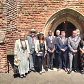 Pictured at the service, from left: Mayor of Chapel St Leonard Parish Council Cllr Pam Robinson, Mr Alan Simmons and Mayor of Louth Town Council Cllr Julia Simmons, Deputy Clerk of Wisbech Town Council Mr Sidney Imafidon, Rev. Peter Liley, City Sheriff Elect Mr Scott Dodds, The Right Worshipful Mayor of Lincoln Cllr Biff Bean, outgoing Mablethorpe & Sutton Town Council Cllr Steve Holland, Mablethorpe & Sutton Town Council Deputy Mayor Cllr Claire Arnold, and Mr Chris Arnold.