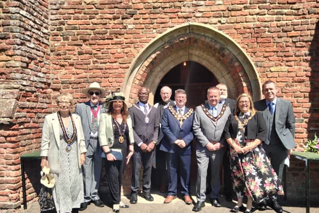 Pictured at the service, from left: Mayor of Chapel St Leonard Parish Council Cllr Pam Robinson, Mr Alan Simmons and Mayor of Louth Town Council Cllr Julia Simmons, Deputy Clerk of Wisbech Town Council Mr Sidney Imafidon, Rev. Peter Liley, City Sheriff Elect Mr Scott Dodds, The Right Worshipful Mayor of Lincoln Cllr Biff Bean, outgoing Mablethorpe & Sutton Town Council Cllr Steve Holland, Mablethorpe & Sutton Town Council Deputy Mayor Cllr Claire Arnold, and Mr Chris Arnold.
