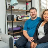 Stephen and Mel Davison inside their living room at Ashberry Homes’ Bourne Springs development in 