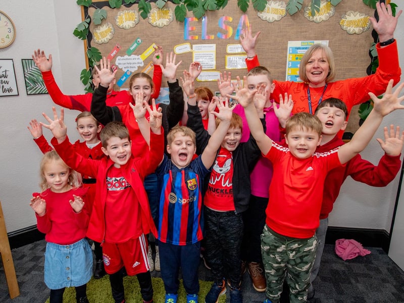 Pupil William Hough, front, centre, pictured with other pupils and staff pictured at their heart day fundraiser for charity.