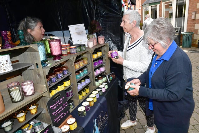 L-R Jane Peacock of Peacock Luxury Soya Wax Candles and Melts, Helen Docherty and Janice Smith of Sleaford at the Millstream Market.