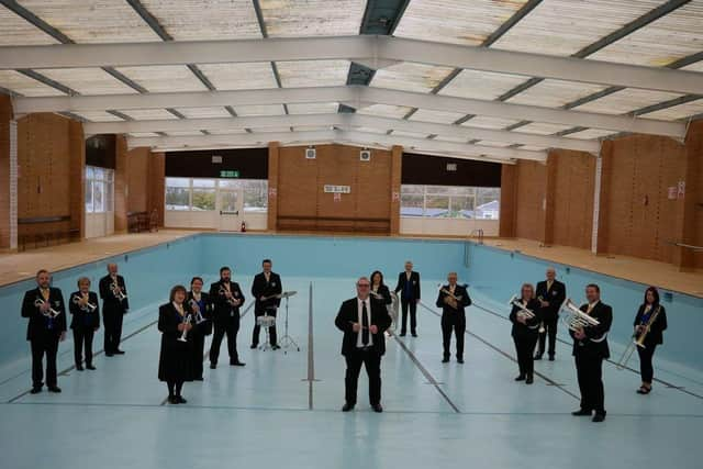 Skegness Silver Band rehearsing in a swimming pool during the pandemic.