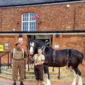 Bomber the Shire horse with his owners Eve Miller and Jon Davison at the screening of War Horse.