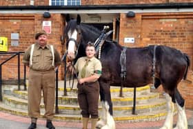 Bomber the Shire horse with his owners Eve Miller and Jon Davison at the screening of War Horse.