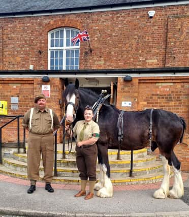 Bomber the Shire horse with his owners Eve Miller and Jon Davison at the screening of War Horse.
