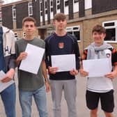 Getting their grades. GCSE results day at Carre's. From left - Charlie Getton, Sam Button, Sam Smith and Ben Issott.