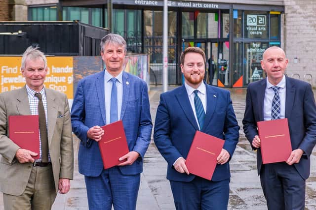 Coun Martin Hill OBE from Lincolnshire County Council, North East Lincolnshire Council Leader Coun Philip Jackson and Parliamentary Under Secretary State of Levelling Up Jacob Young